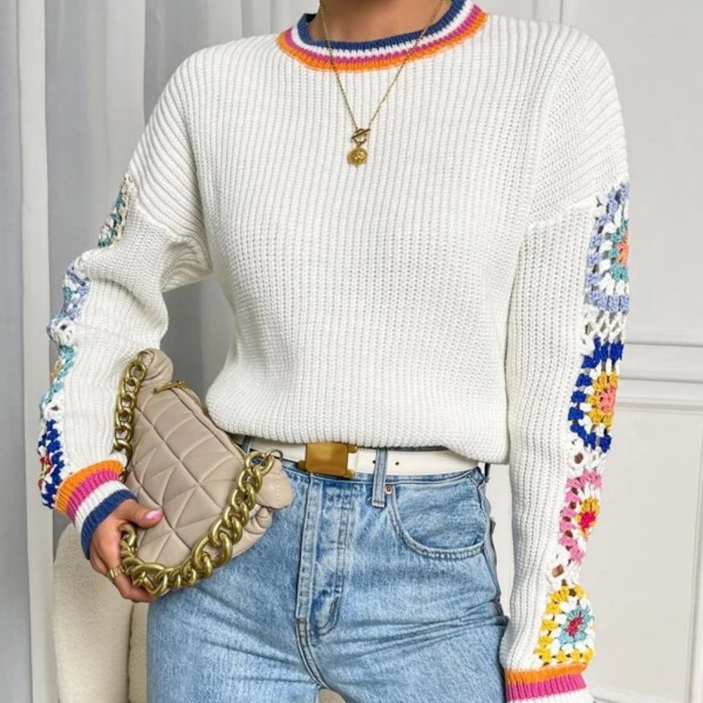 Floral Pattern Crochet Knit Sweater Top - Picture 4 of 5